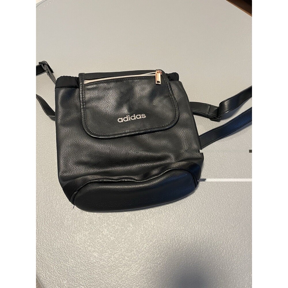 ADIDAS WOMEN’S Backpack One Size Black Faux Leather Drawstring Rose Gold Zip
